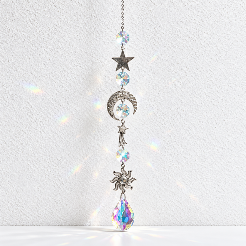 CouldNook Celestial Suncatcher - Silver-Toned Motifs and Linked Faceted Decorations