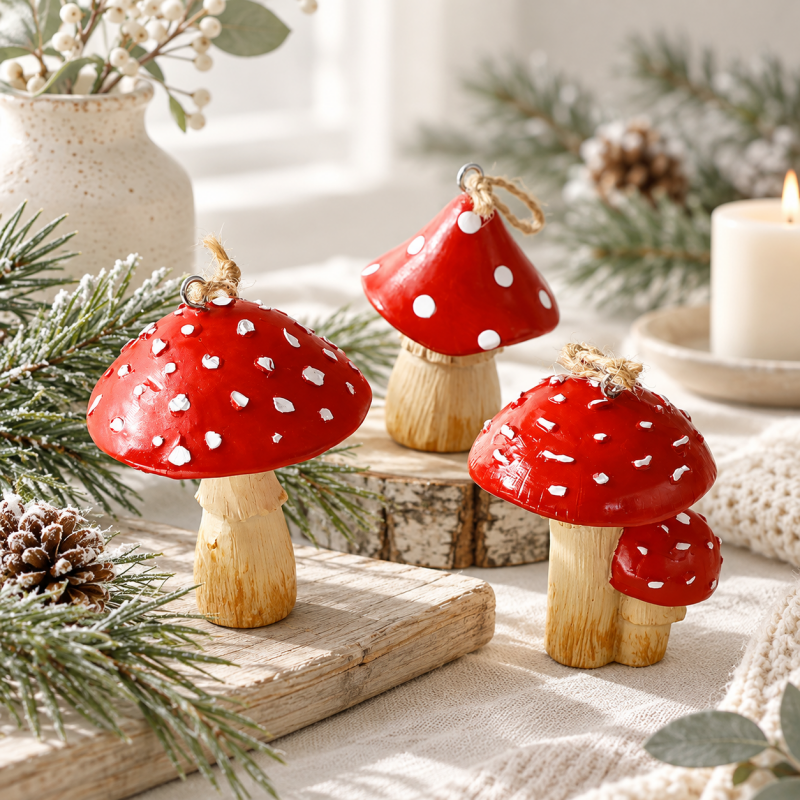 Mushroom Ornament - Paired Red Caps and Twine Loop
