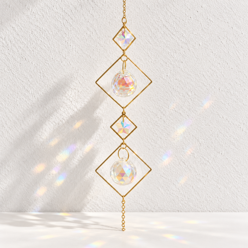 CouldNook Diamond Frame Suncatcher - Open Gold-Toned Shapes and Suspended Faceted Drops
