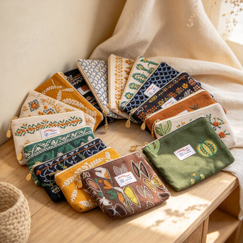 CouldNook Embroidered Zip Makeup Pouch - Cotton Lining And Nature Motifs