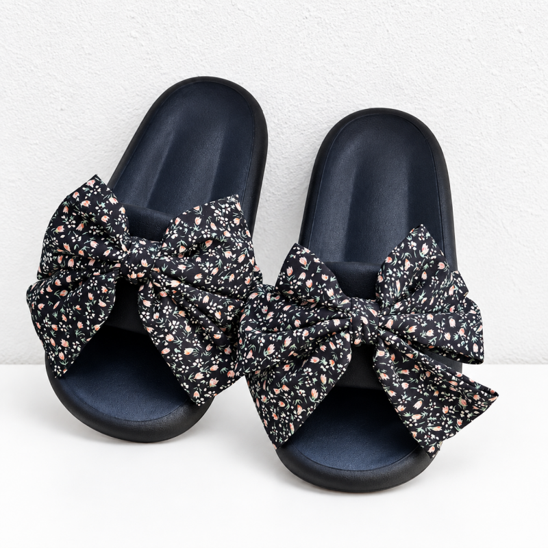 CouldNook Floral Bow Slippers - Black and White Options