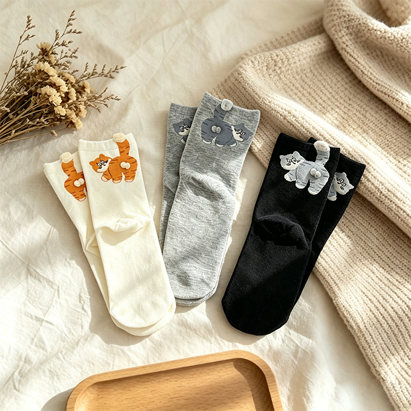 CouldNook Soft Cat Motif Crew Socks - Everyday Footwear Accent