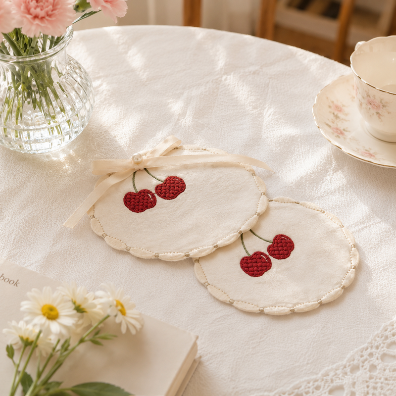 CouldNook Cherry Embroidered Coaster - Breakfast Table Accent(Non-Adhesive）