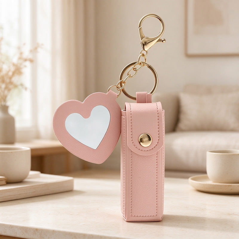 Lipstick Holder Keychain with Attached Heart Mirror