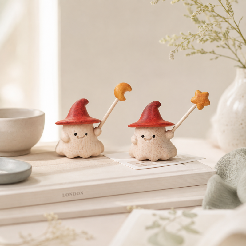 CouldNook Fake Wooden Ghost Figurine - Cute Wizard Desktop Decor