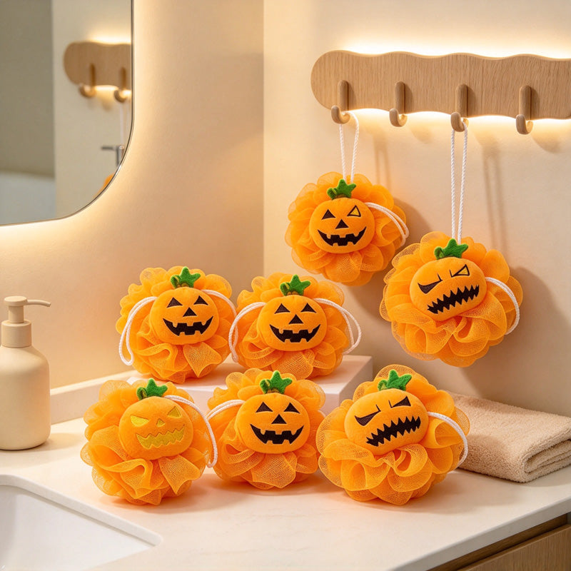 CouldNook Pumpkin Bath Pouf - Jack-O-Lantern Face And Hanging Cord