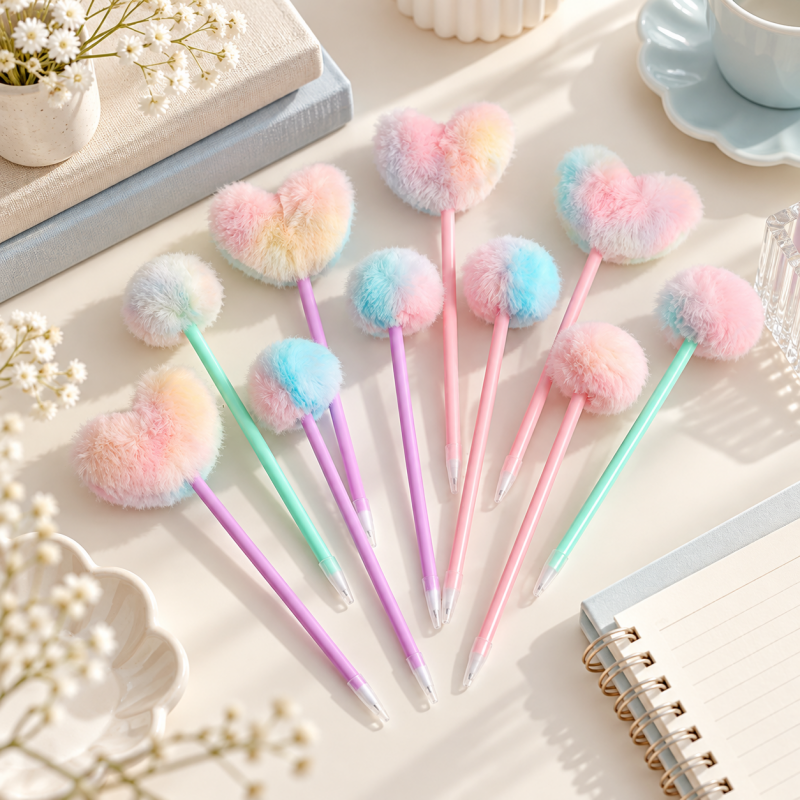 CouldNook Pom-Pom Ballpoint Pen - Pastel Hearts and Rounded Plush Toppers