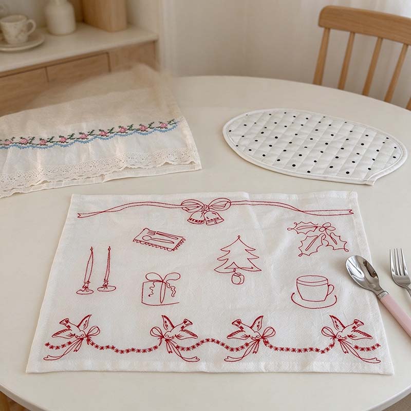 Christmas Embroidered Table Cloth with Red Line Motifs