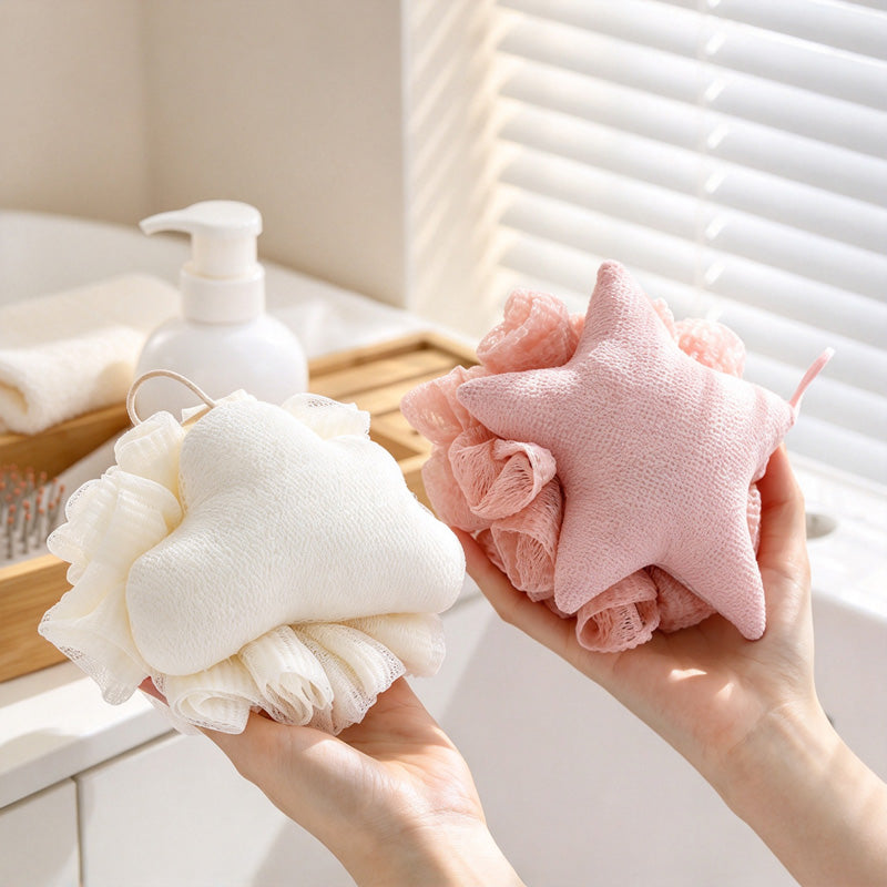 CouldNook Star And Cloud Bath Pouf - Gathered Mesh And Hanging Cord