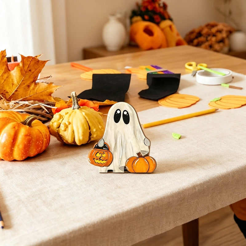 CouldNook Halloween Ghost Wooden Tabletop Ornament‑Pumpkin Boo‑Ville Sign Home Decor
