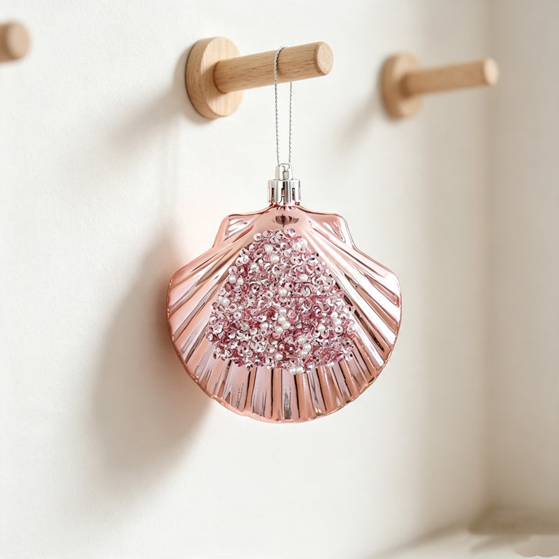 Pink Shell Christmas Wall Decor - Sparkly Beaded Hanging Ornament