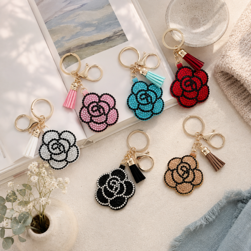 CouldNook Rhinestone Camellia Keychain - Tassel Flower Charm