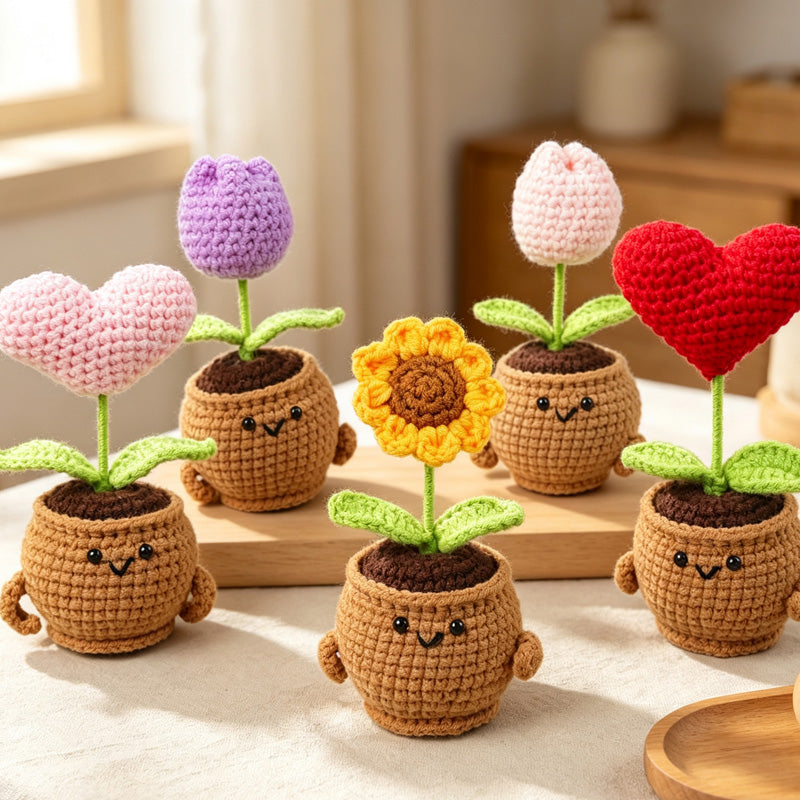 CouldNook Yarn Flower Planter Ornament - Heart and Bloom Stems