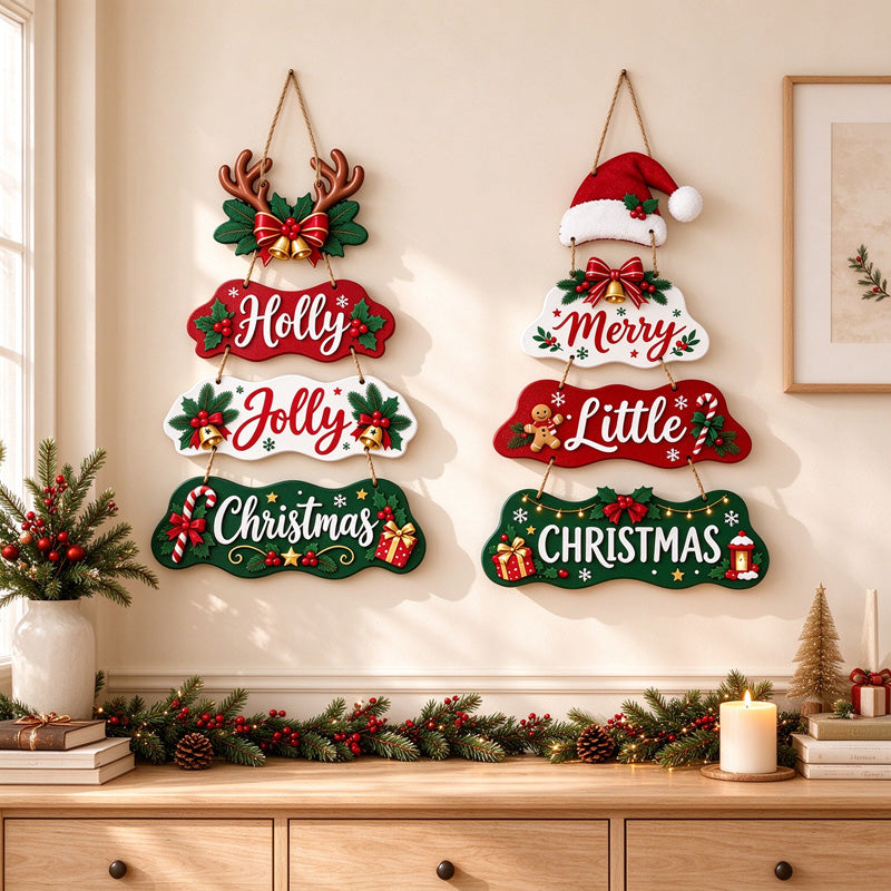 Wooden Christmas Hanging Sign with Connected Message Panels