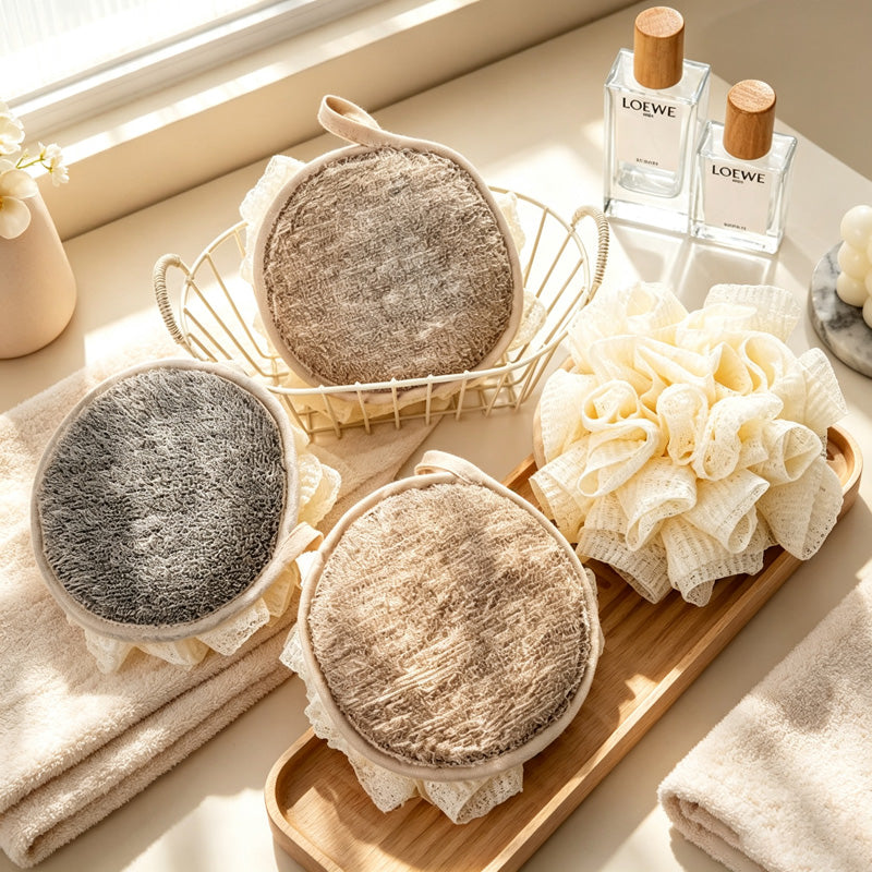 CouldNook 2-in-1 Double-Sided Cotton Linen Bath Shower Puff - Rich Foam Body Scrubber