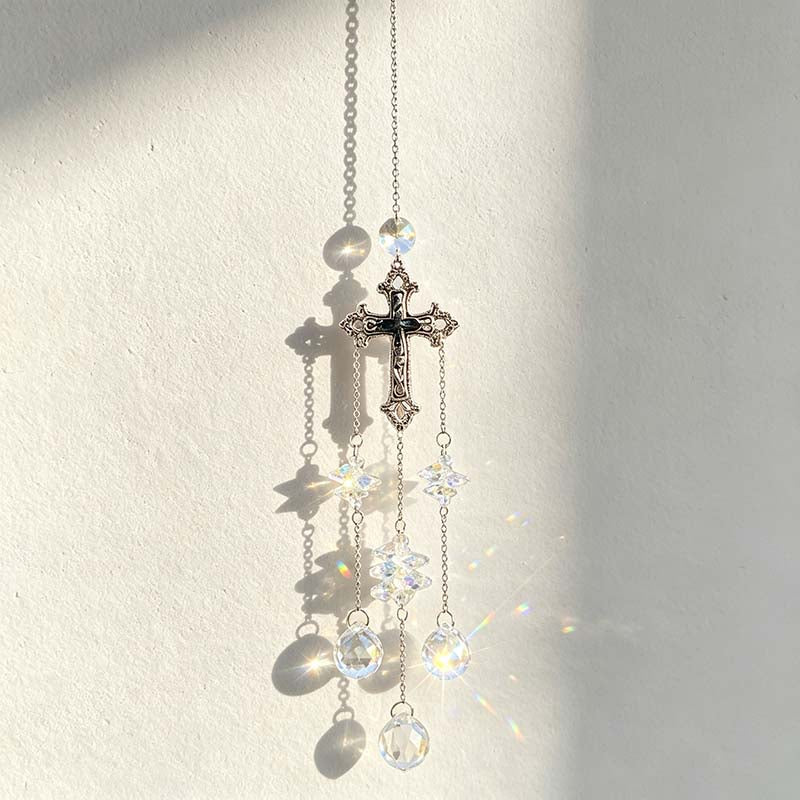 CouldNook Gothic Cross Suncatcher - Three Faceted Crystal Drop Strands