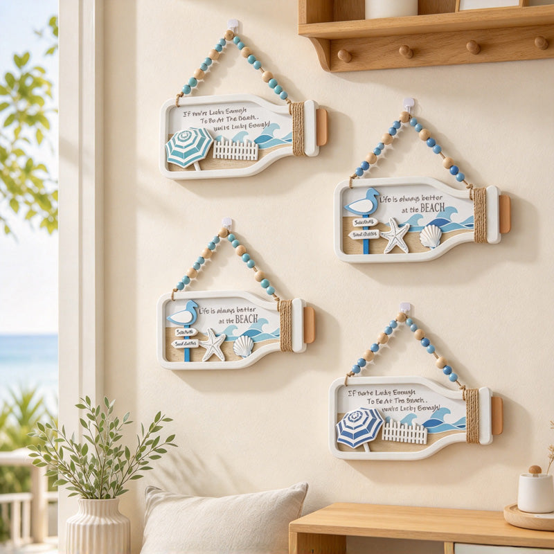 CouldNook Bottle-Shaped Wall Plaque - Coastal Scenes and Beaded Hanging Cord