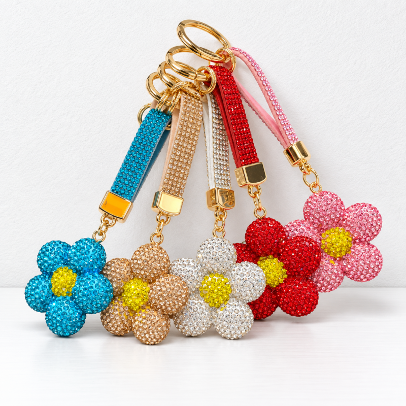 CouldNook Flower Keychain - Rhinestone Petals and Coordinating Decorative Strap