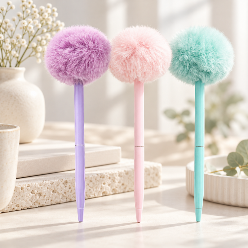 CouldNook Pom-Pom Ballpoint Pen - Fluffy Round Top and Slender Barrel