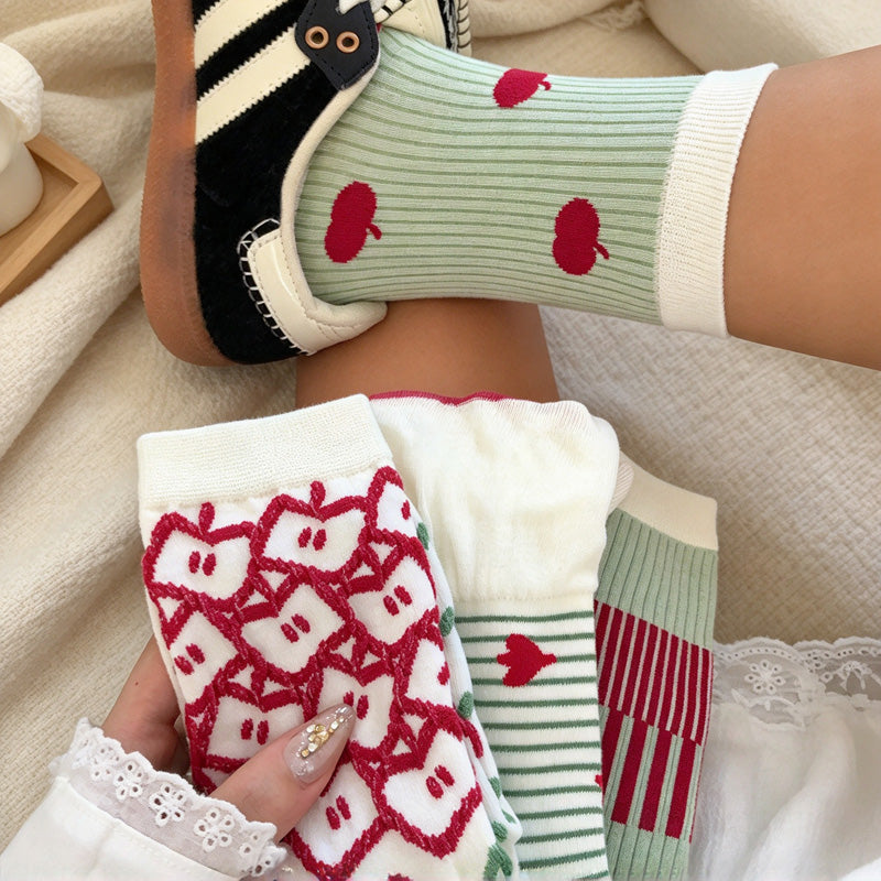 CouldNook Graphic Crew Socks - Apple Motifs And Contrasting Stripe Patterns