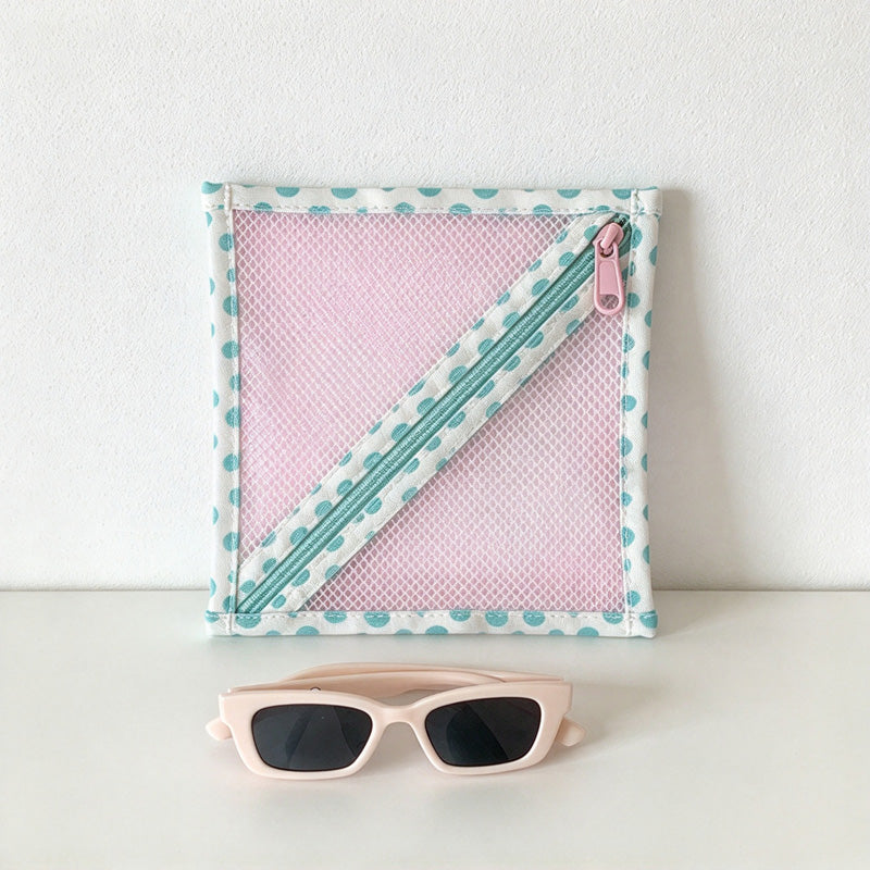 CouldNook Pink Mesh Storage Pouch - Diagonal Teal Zipper And Dotted Edges