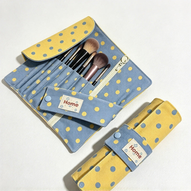 CouldNook Polka Dot Brush Roll - Individual Slots And Zippered Pocket