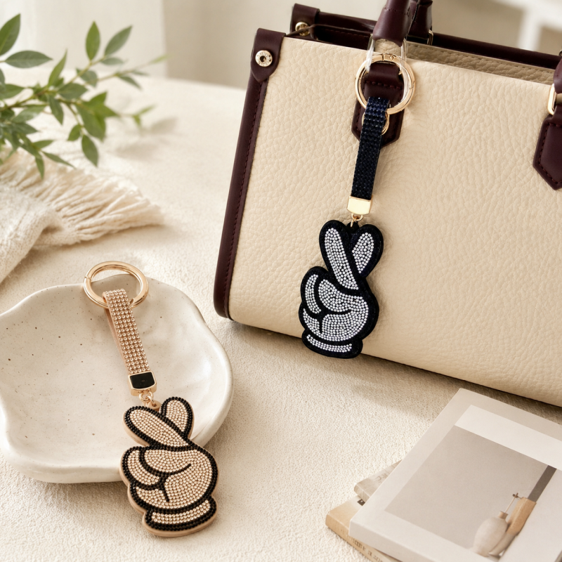 CouldNook Rhinestone Peace‑Hand Keychain‑Velvet Bag Charm Pendant for Purse & Car Keys