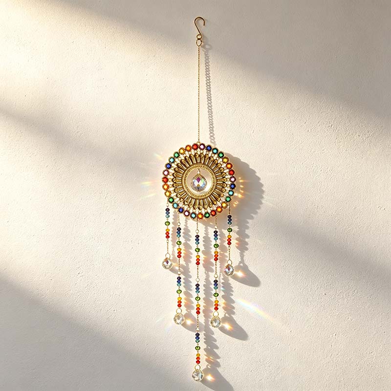 CouldNook Sunburst Suncatcher - Beaded Circular Frame And Cascading Drops