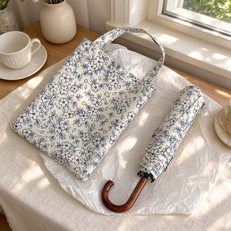 Blue Floral Folding Umbrella - Matching Carry Bag Options