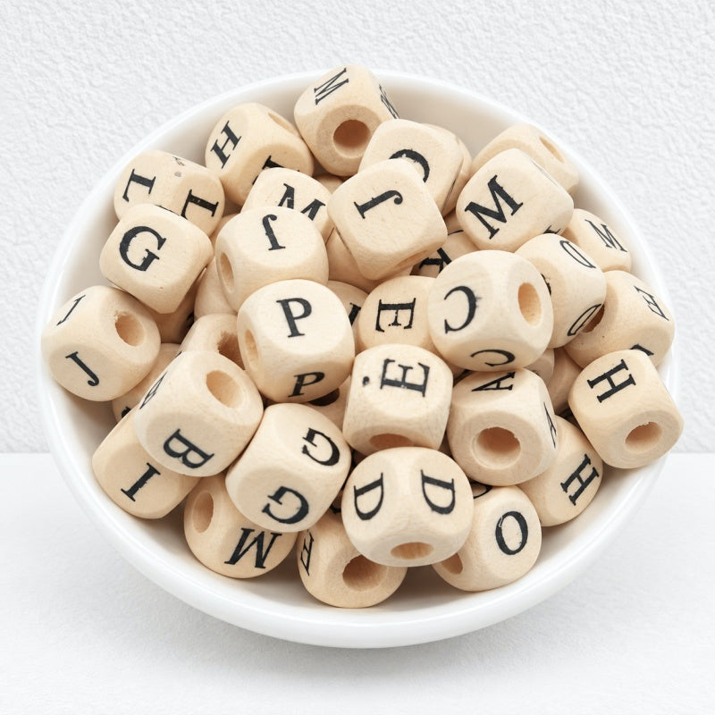 CouldNook Wood Alphabet Beads - Rounded Cubes and Letter Faces
