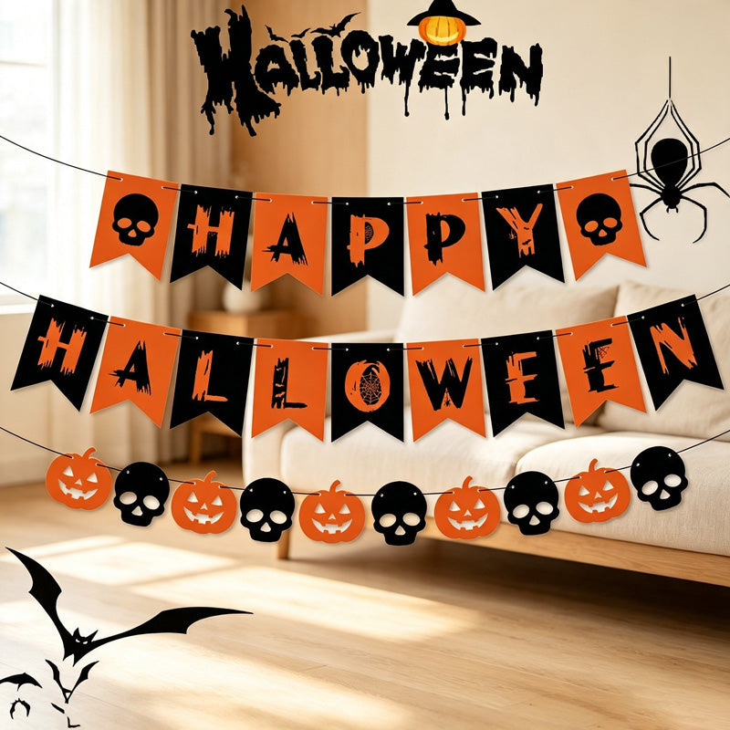 CouldNook Halloween Banner Garland‑Pumpkin Skull Party Decor Bunting