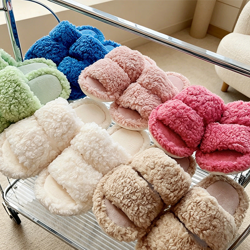 CouldNook Plush Cross Band Open Toe Slippers - Cozy Bedroom Accent