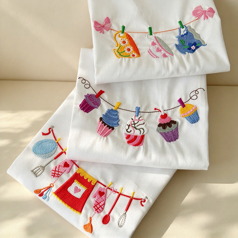 CouldNook Embroidered Cotton Napkin - Colorful Kitchen Motifs On White
