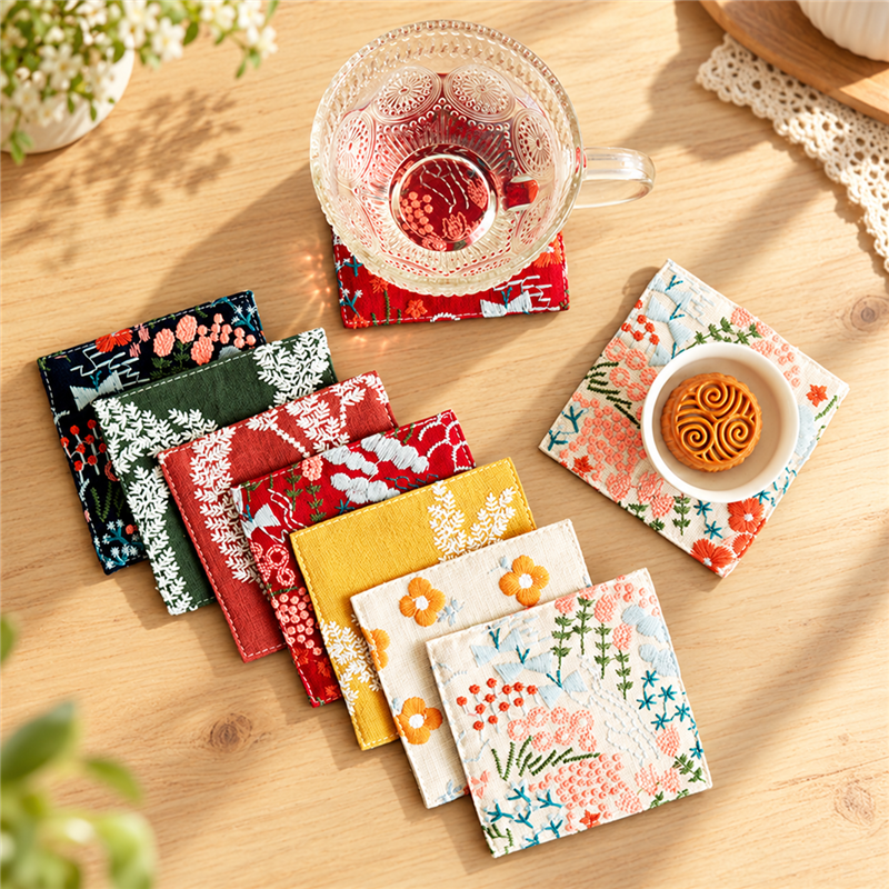 Embroidered Cotton Linen Coaster with Botanical Patterns