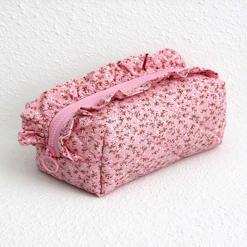 CouldNook Ruffled Cosmetic Pouch - Patterned Fabric And Top Zip Opening