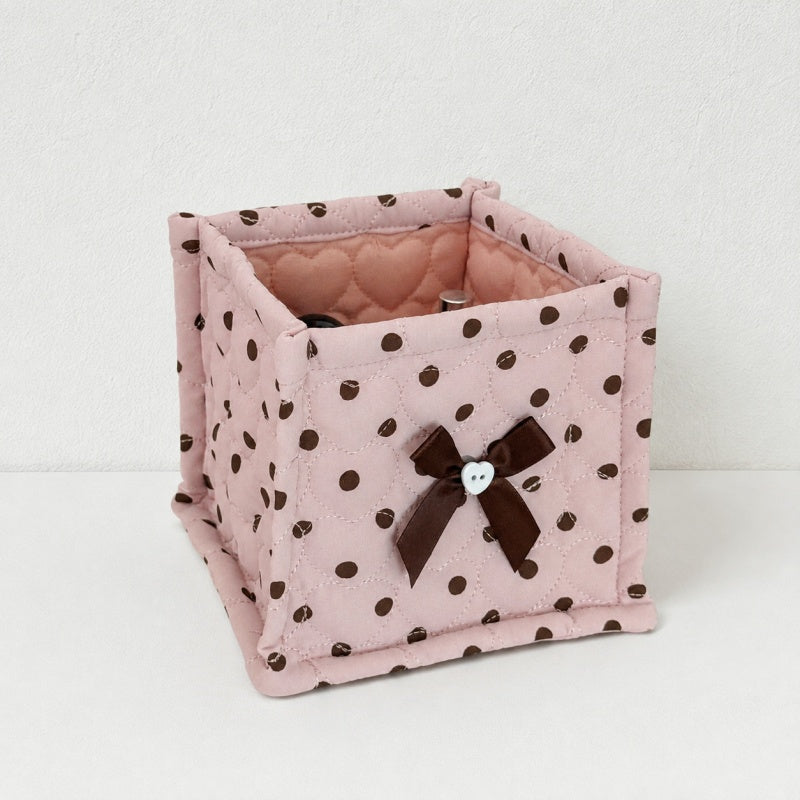 CouldNook Polka Dot Quilted Storage Bin Square Bow‑Decorated Desktop Organizer