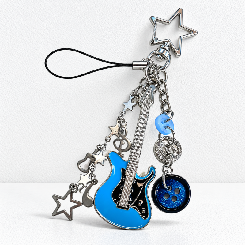 CouldNook Guitar Keychain - Blue Instrument Shape and Dangling Musical Details