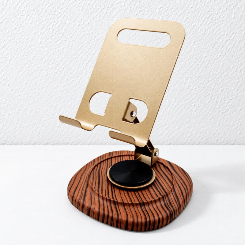 CouldNook Folding Phone Stand - Gold-Toned Support and Woodgrain Patterned Base