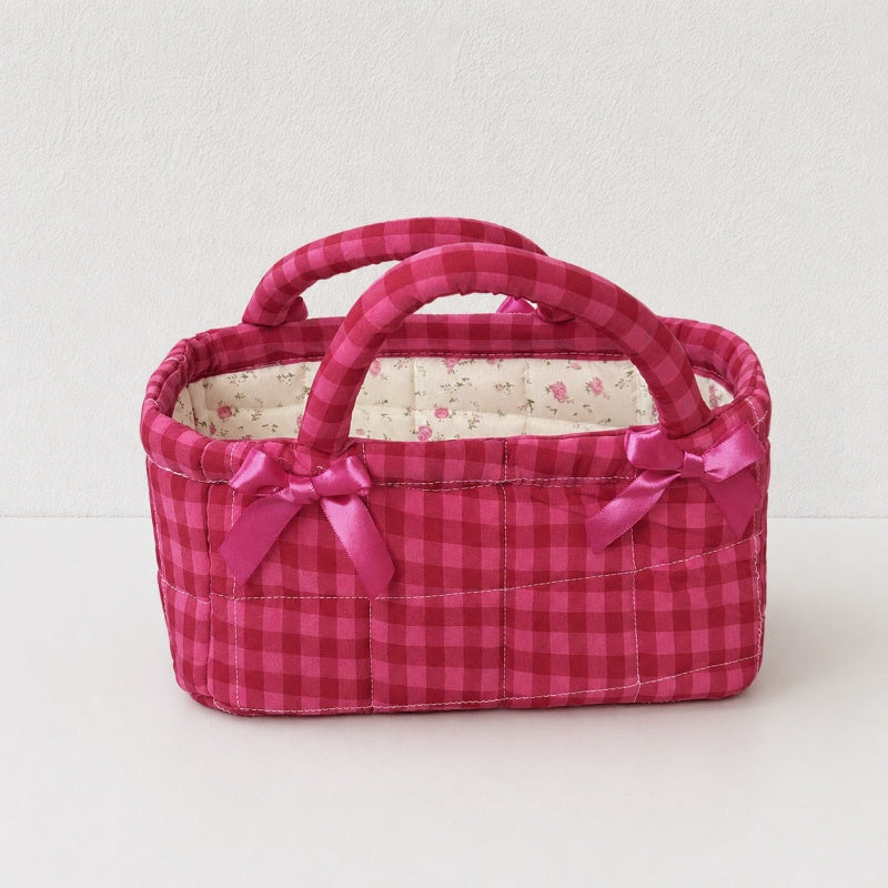 CouldNook Gingham Quilted Storage Basket‑French Style Bow‑Decorated Handheld Organizer