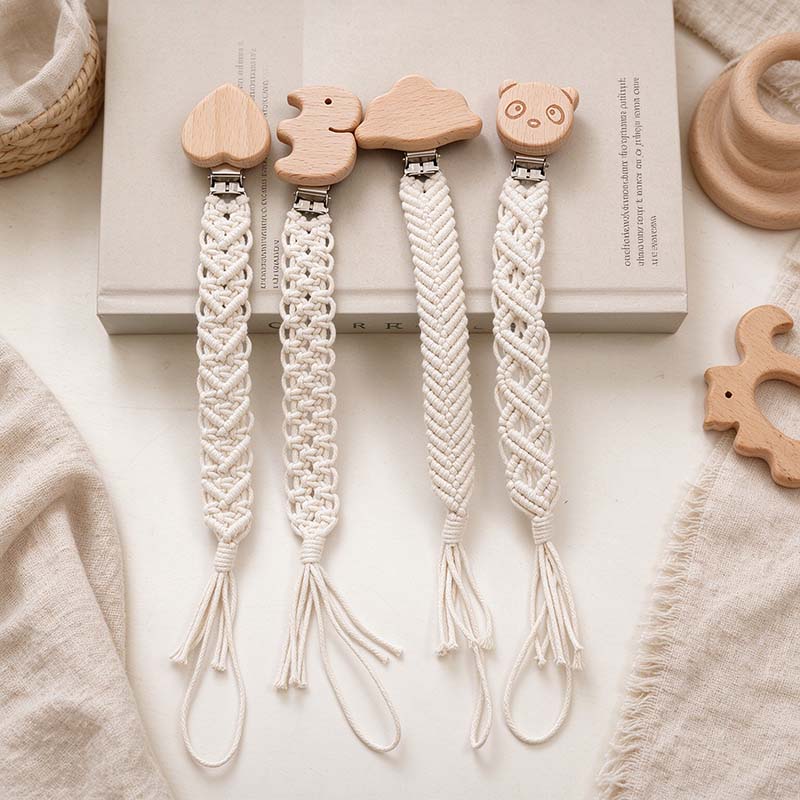 CouldNook Pacifier Clip - Knotted Cotton Cord and Shaped Wood Detail