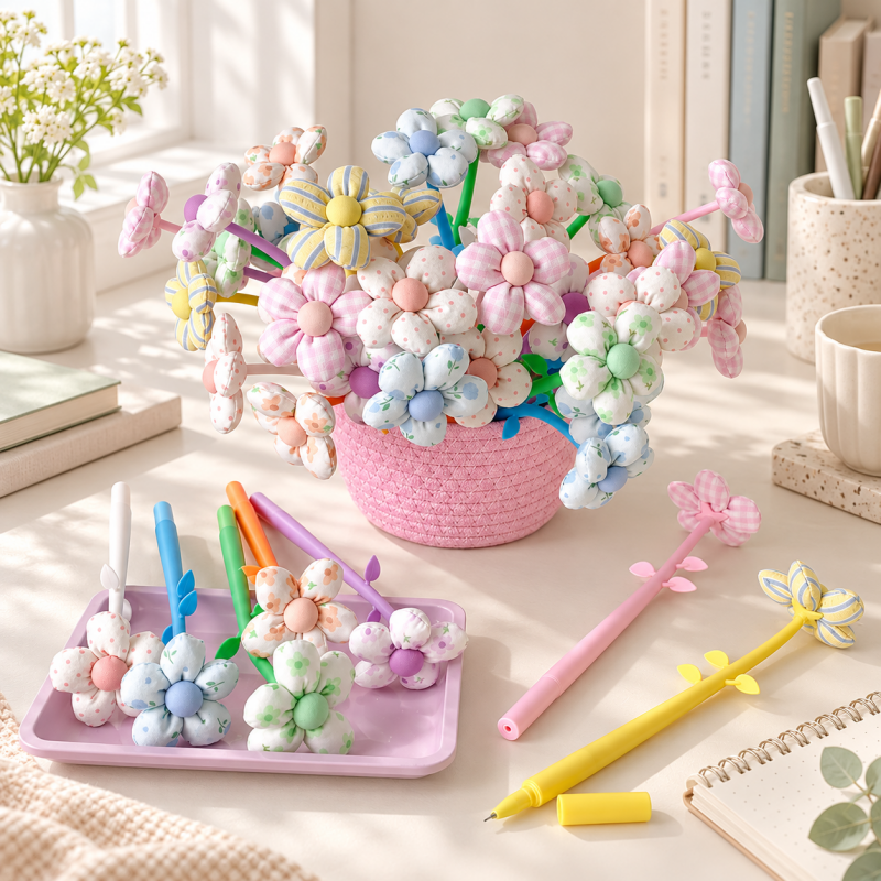 CouldNook Flower Gel Pen - Patterned Fabric Petals and Leafy Stem