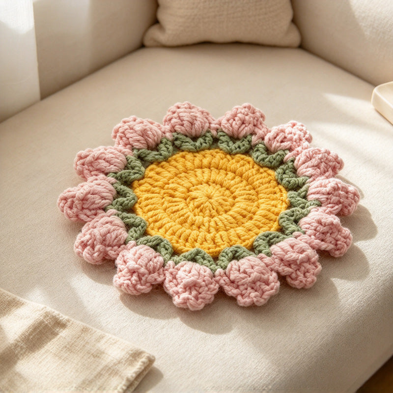 CouldNook Flower Coaster - Crocheted Yellow Center and Raised Bud Border