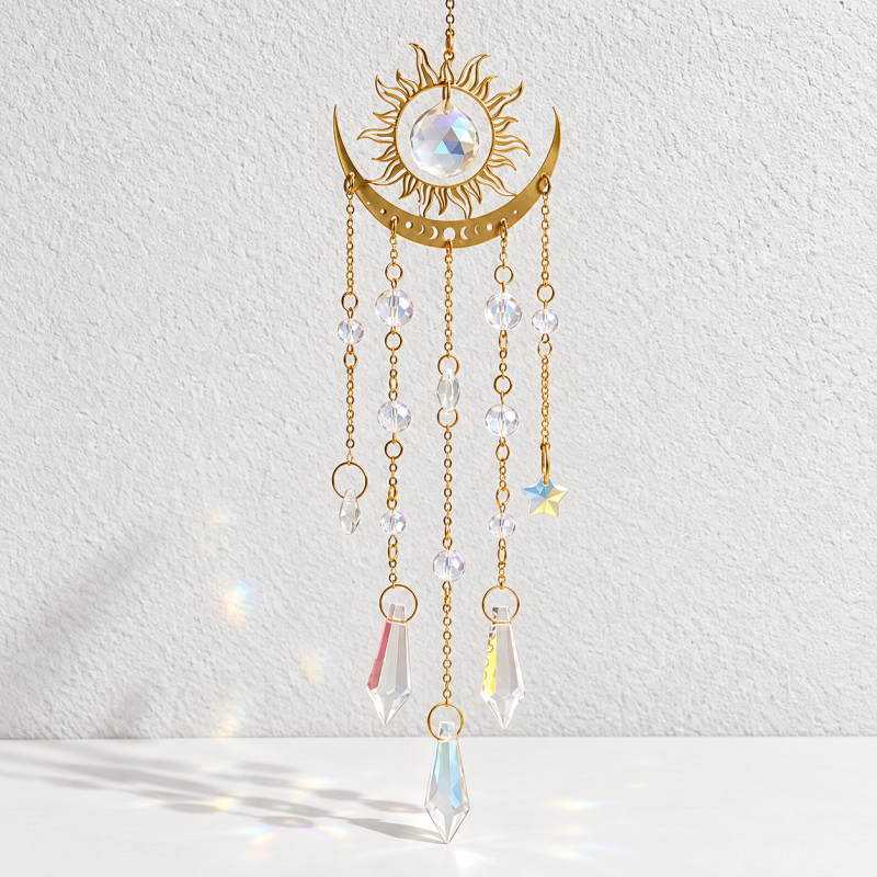 CouldNook Sun And Moon Suncatcher - Flame-Like Rays and Cascading Faceted Drops