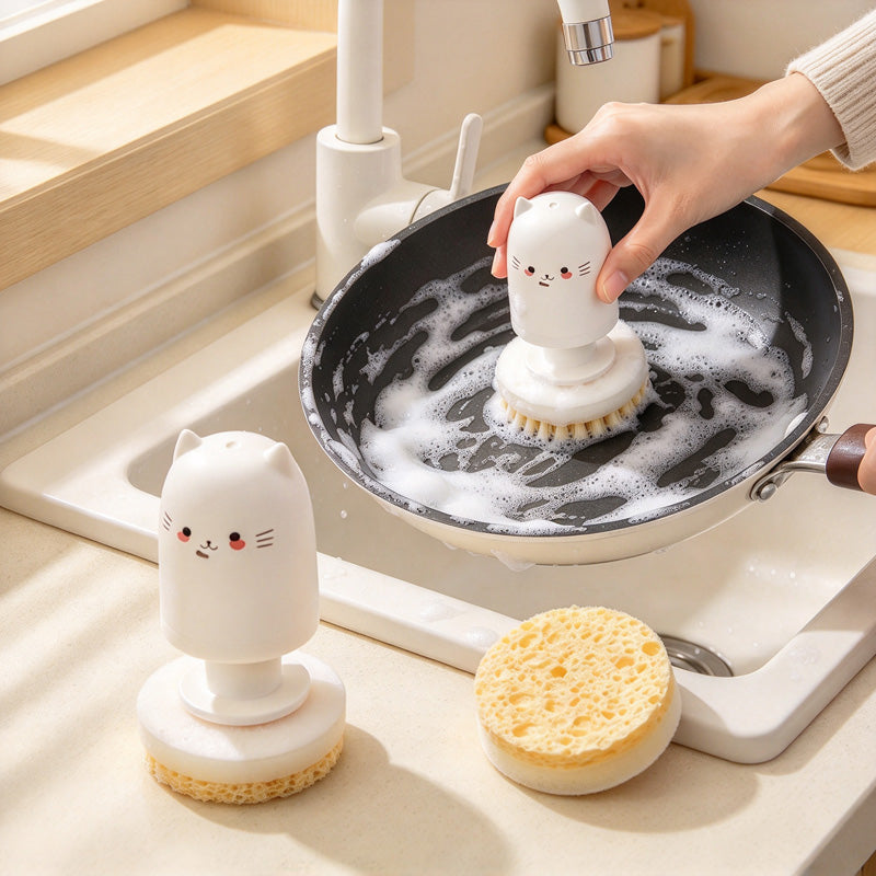 CouldNook Cat Dish Brush - Rounded Handle And Replaceable Circular Head