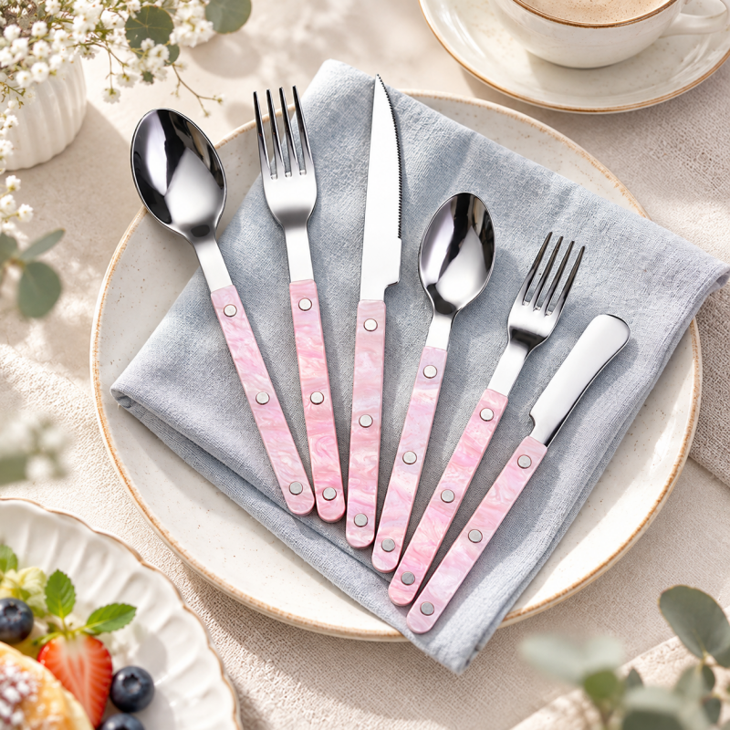 Riveted Table Utensil - Marbled Grips for Dining and Serving