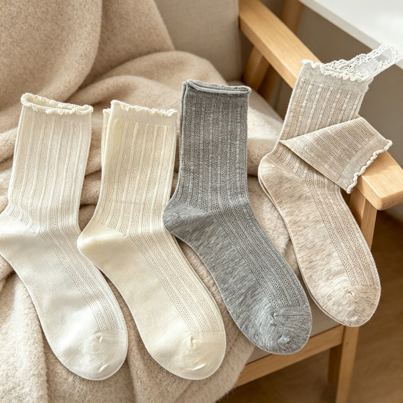 CouldNook Ruffled Ribbed Crew Socks-Ruffled Cuff Edge