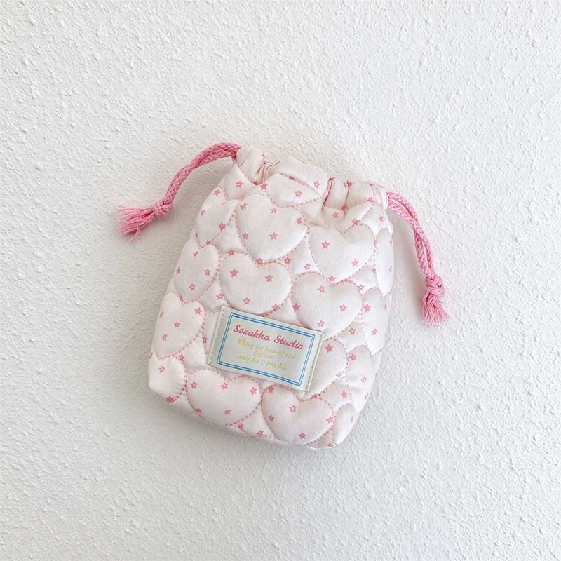 CouldNook Quilted Drawstring Pouch - Heart Stitching And Pastel Star Print