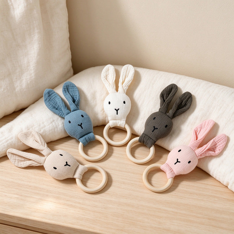 Cotton Bunny Rattle with Long Ears and Ring