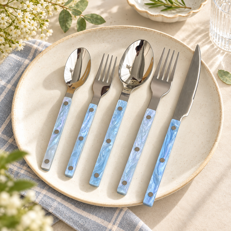 Riveted Flatware - Pearlescent Handles and Polished Steel Heads
