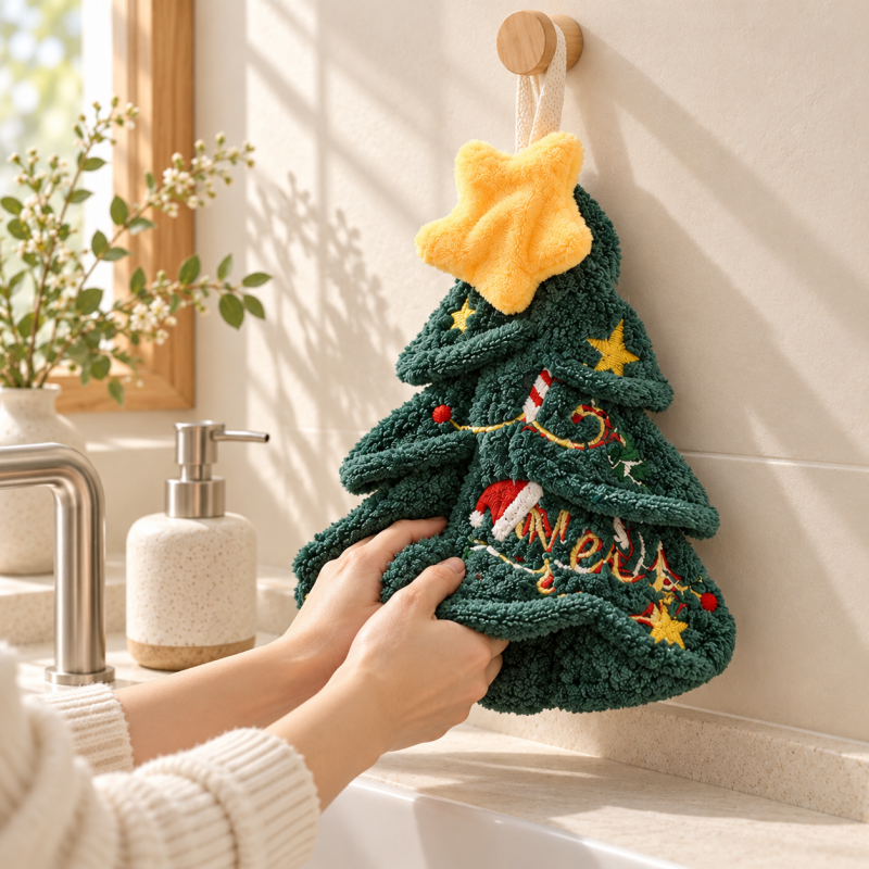 Christmas Tree Hand Towel with Dangling Boot Details